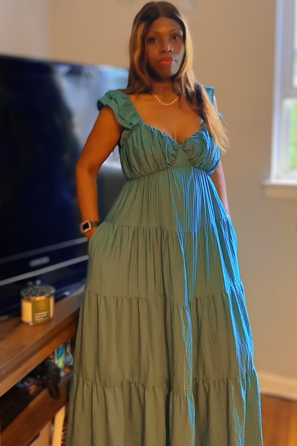 Shirred Maxi Dress with Ruffle Sleeve