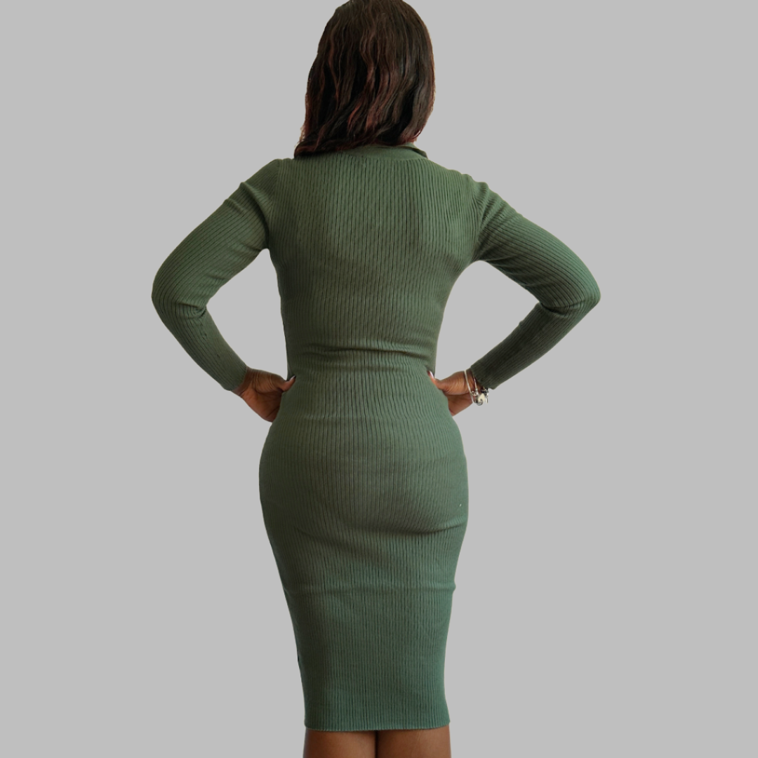 V-neck Collared Ribbed Midi Knit Dress