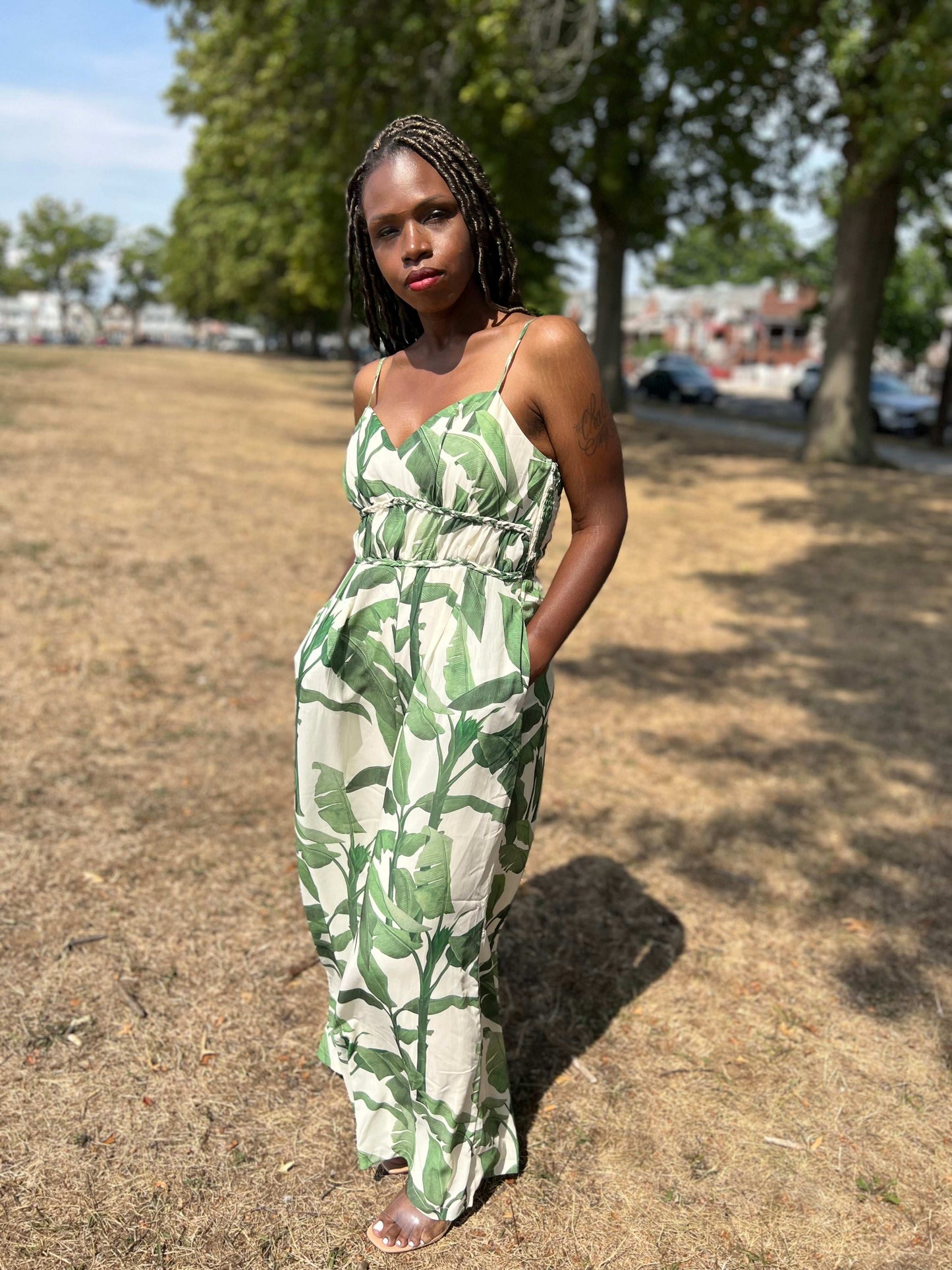 One of our most versatile jumpsuits! It has adjustable spaghetti straps, a sweetheart neckline, pockets, a side zipper, and wide legs. This look could be great for vacation, brunch, day, or even a night on the town. This jumpsuit will slay all day everyday!