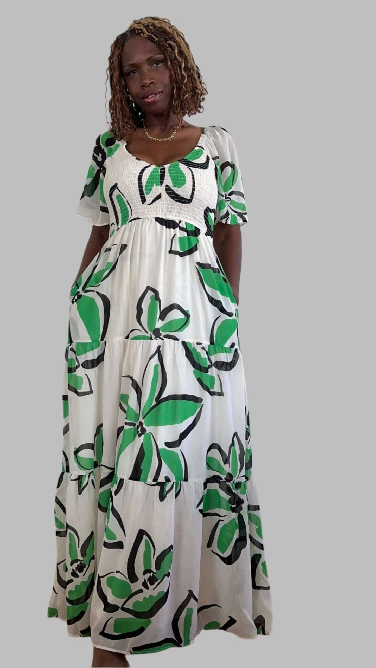 Green Smocked and Tiered Maxi Dress