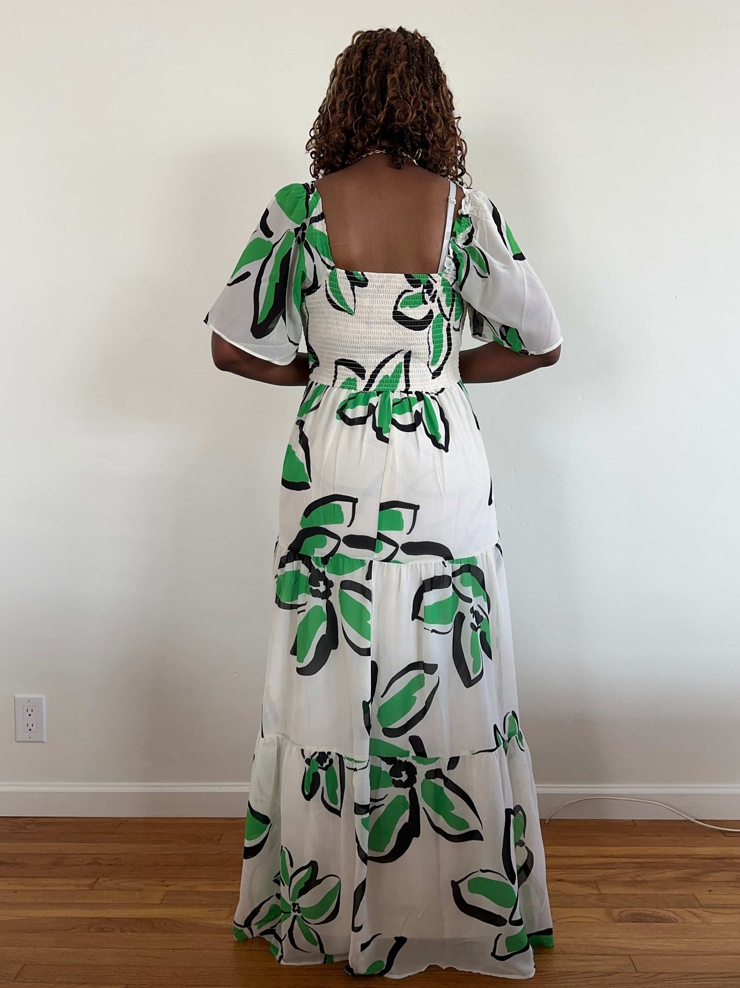 Green Smocked and Tiered Maxi Dress
