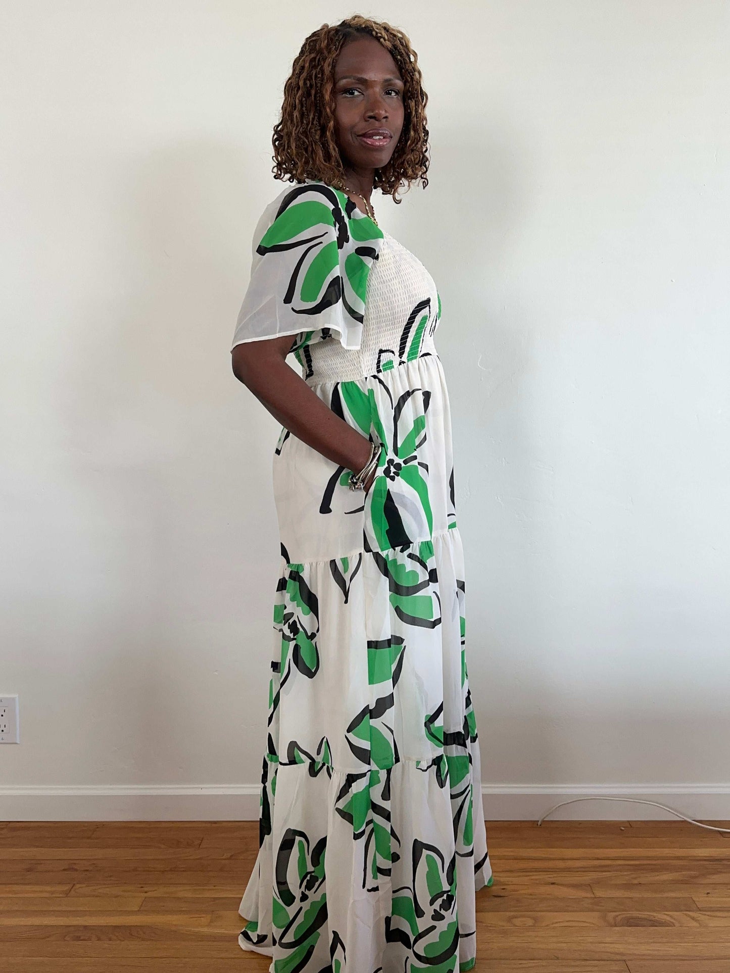 Green Smocked and Tiered Maxi Dress