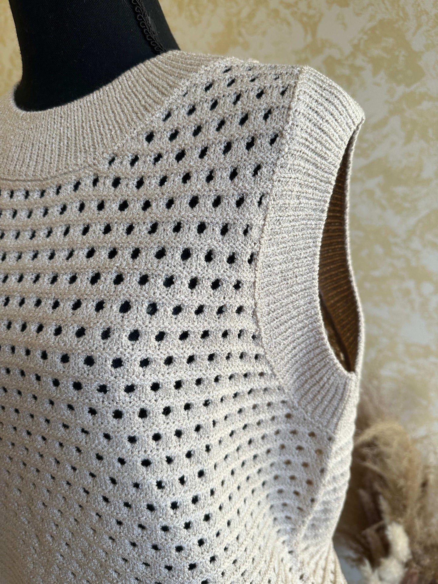 Round Neck Wide Shoulder Open- Knit Top