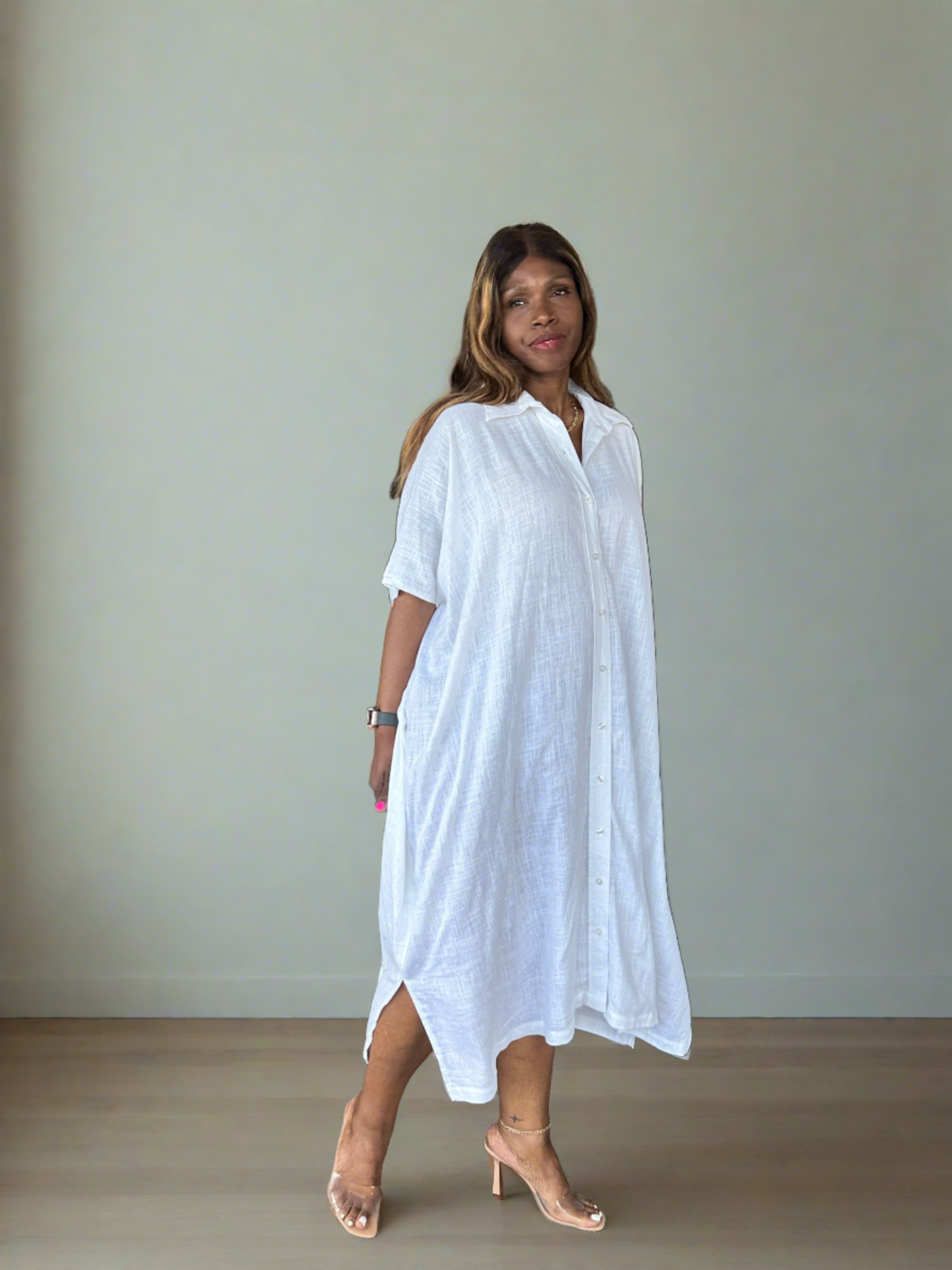 Linen-Blend Button Down Midi Shirt Dress