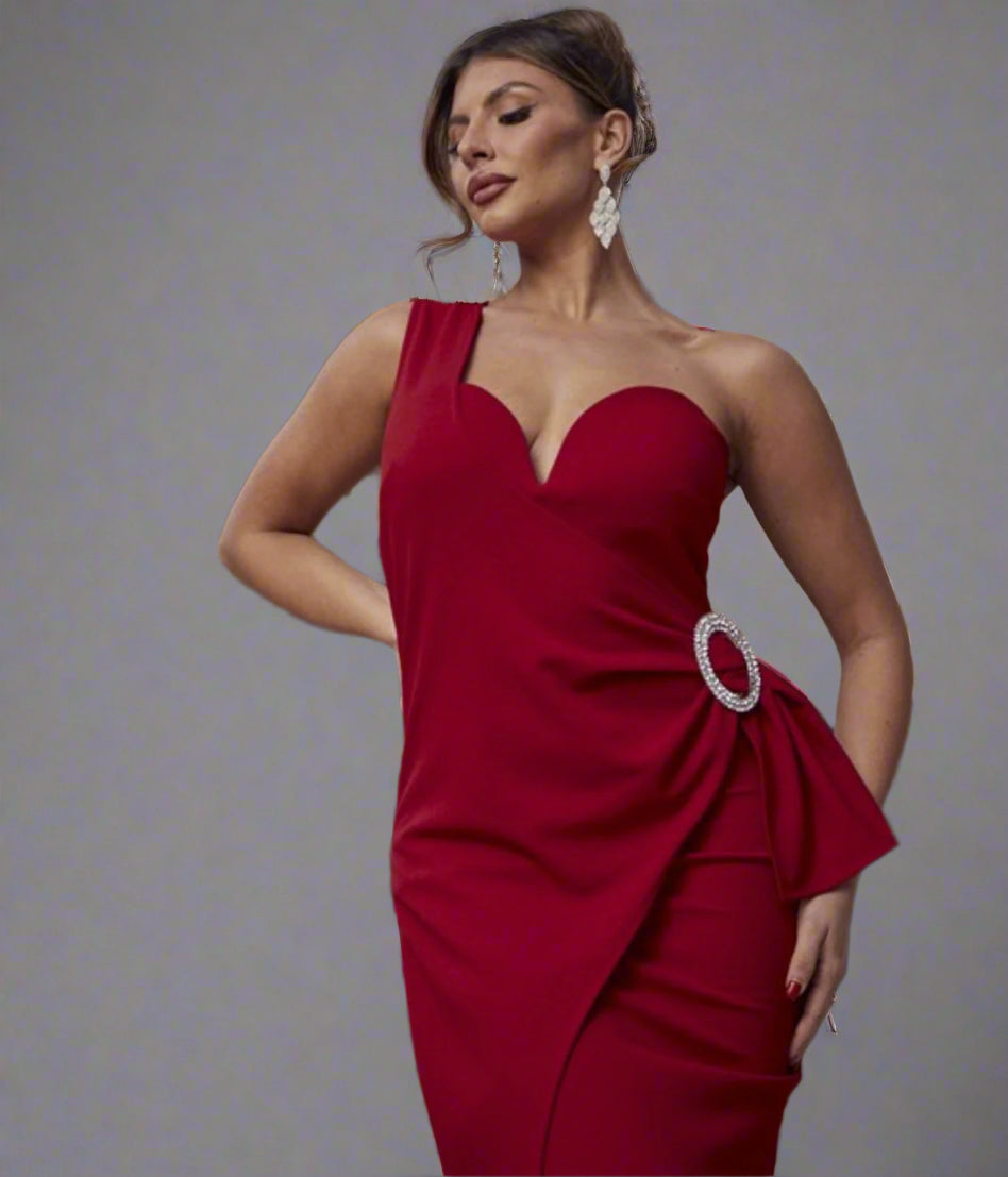 Red One Shoulder Overlap Drape Dress