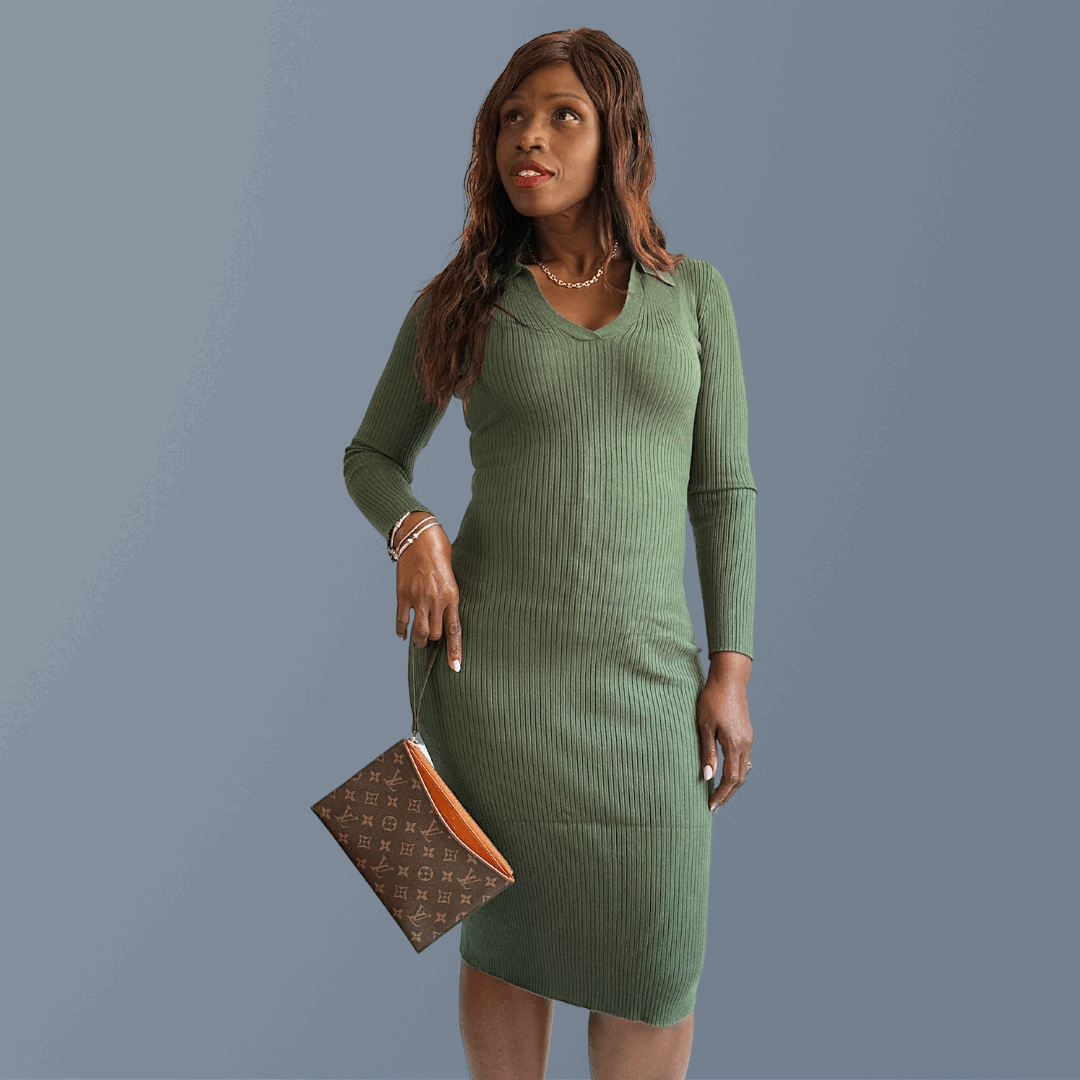 V-neck Collared Ribbed Midi Knit Dress