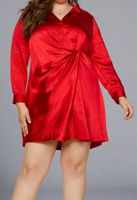 Curvy woman wearing red satin wrap dress, flattering fit, elegant style for special occasions