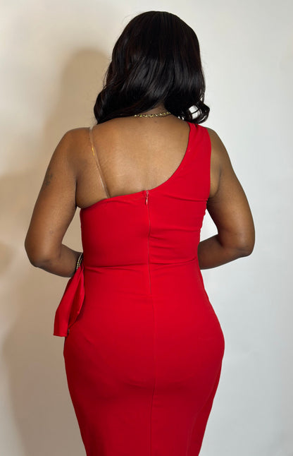 Red One Shoulder Overlap Drape Dress
