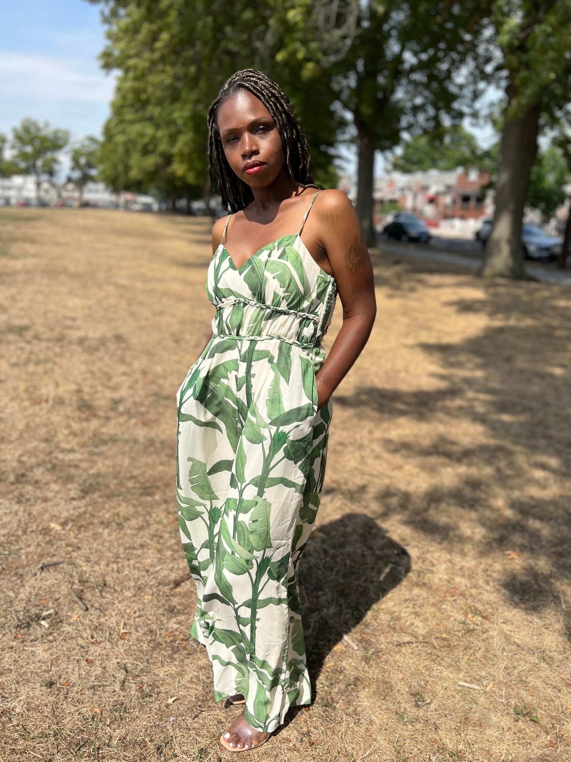 One of our most versatile jumpsuits! It has adjustable spaghetti straps, a sweetheart neckline, pockets, a side zipper, and wide legs. This look could be great for vacation, brunch, day, or even a night on the town. This jumpsuit will slay all day everyday! 