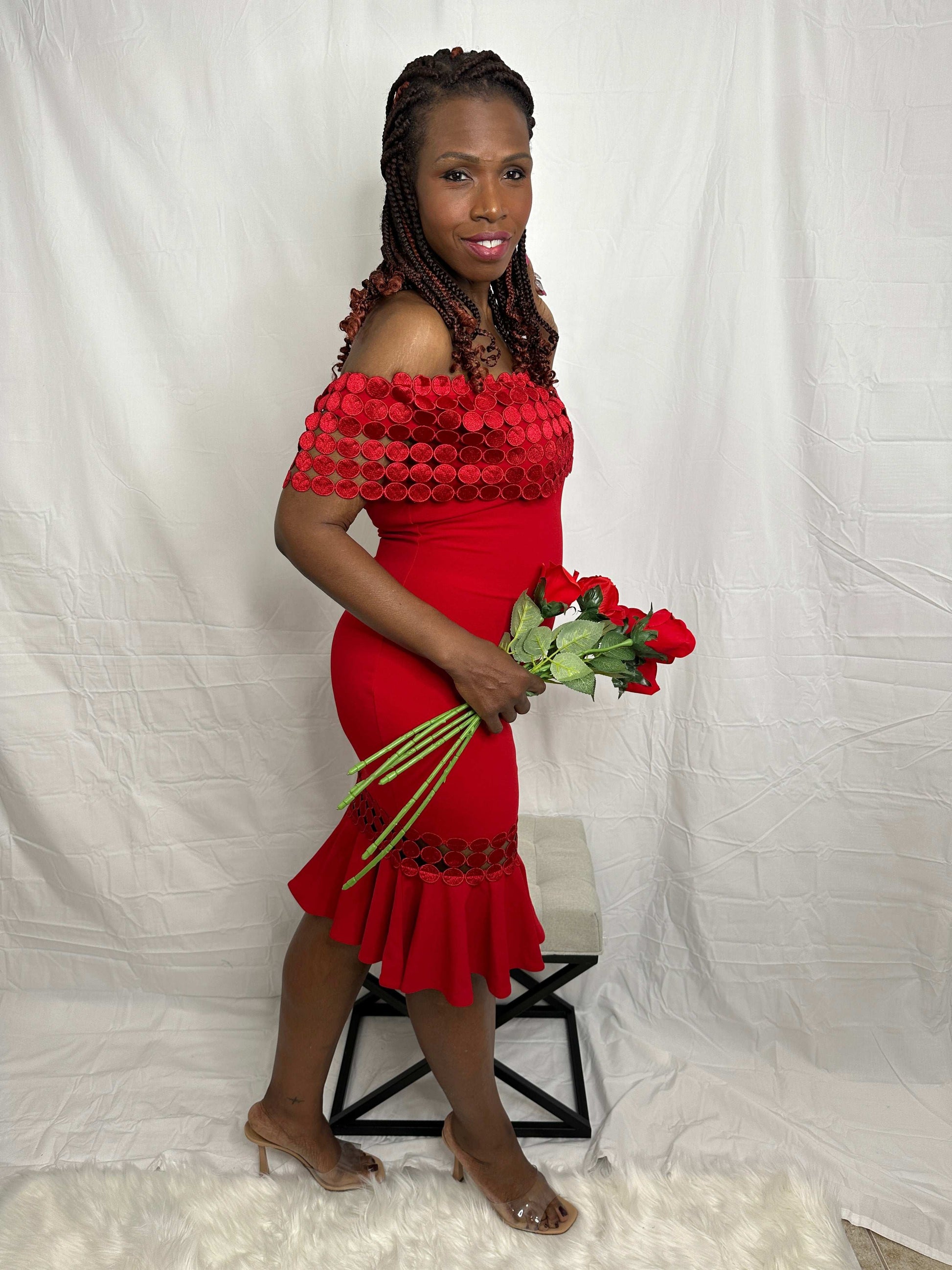 Ashley Crochet Band Red Midi Dress