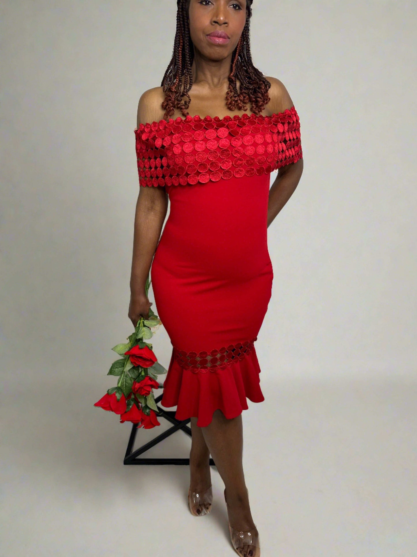 Ashley Crochet Band Red Midi Dress
