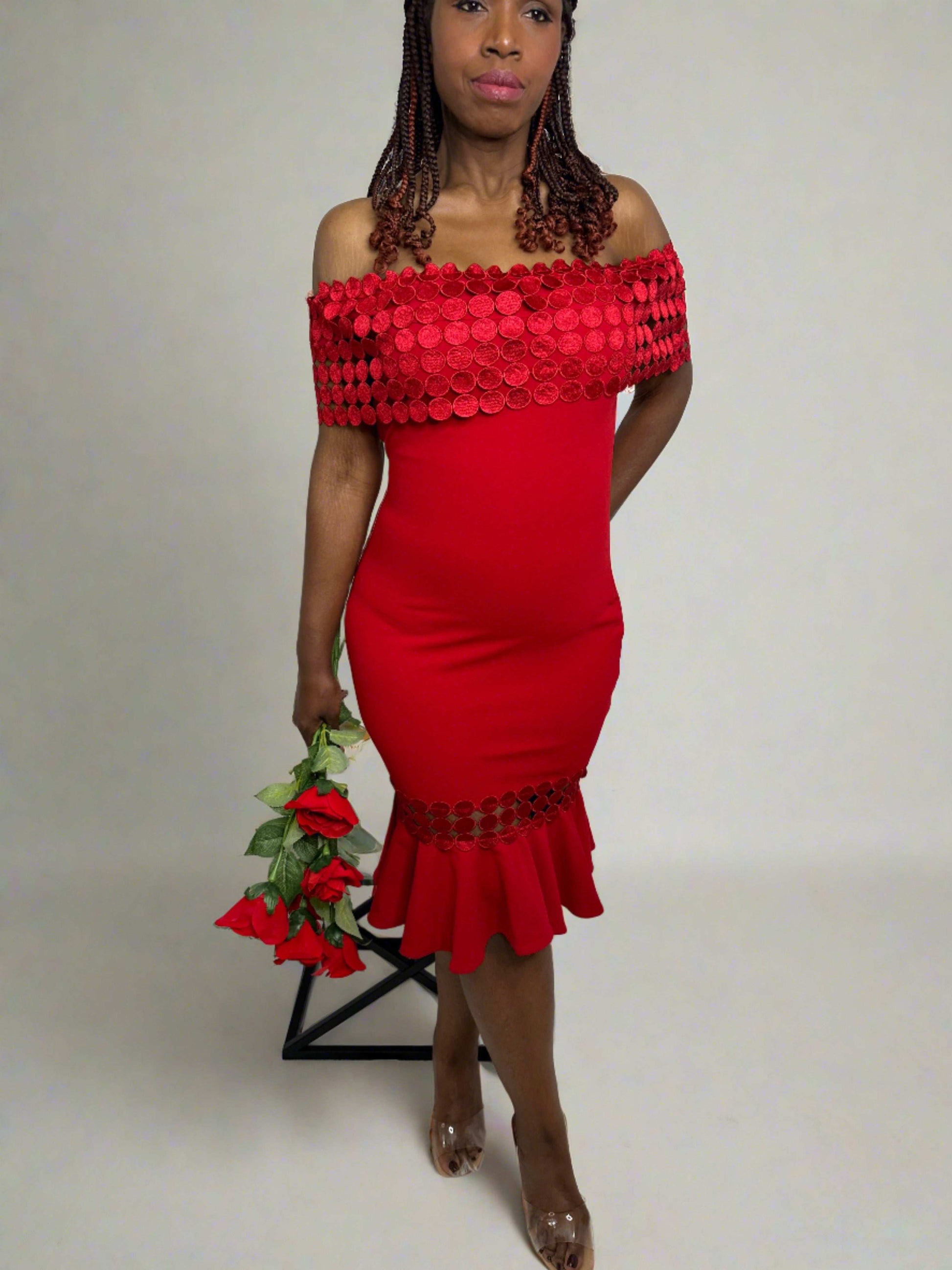 Ashley Crochet Band Red Midi Dress