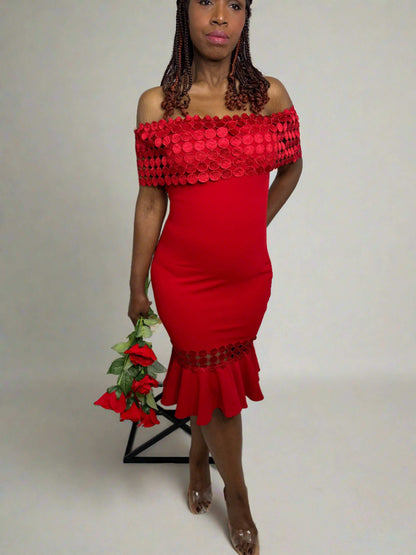Ashley Crochet Band Red Midi Dress