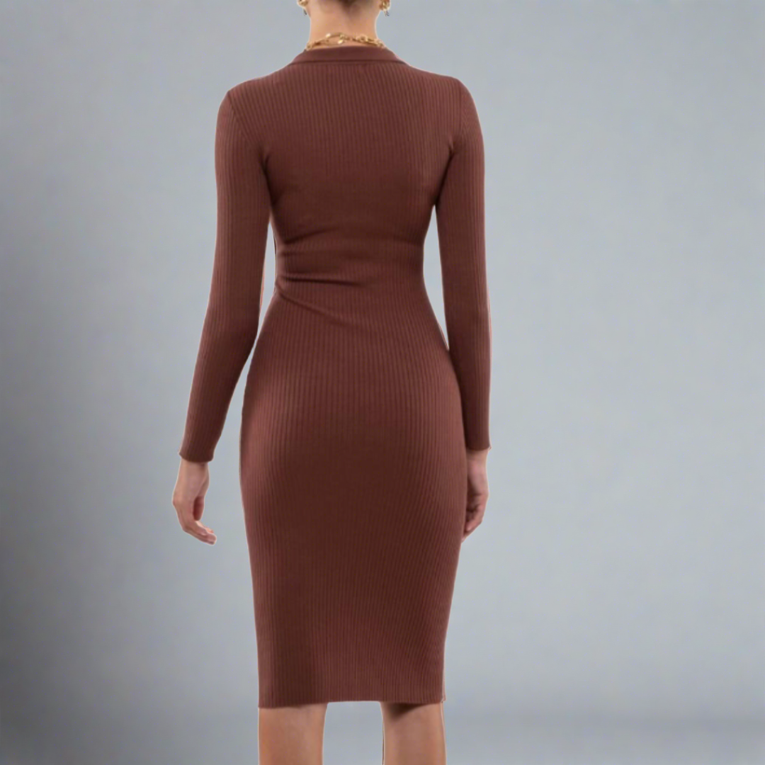 V-neck Collared Ribbed Midi Sweater Dress